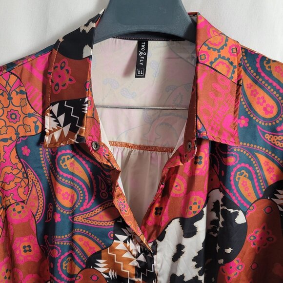 Two 2 Fly Blouse Eclectic 90s XL Grandmillenial Retro Y2K BOHO top snap closure - Picture 3 of 12